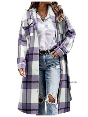 Plaid Flannel Trench Coat Button Down Long Shacket Fall Layering